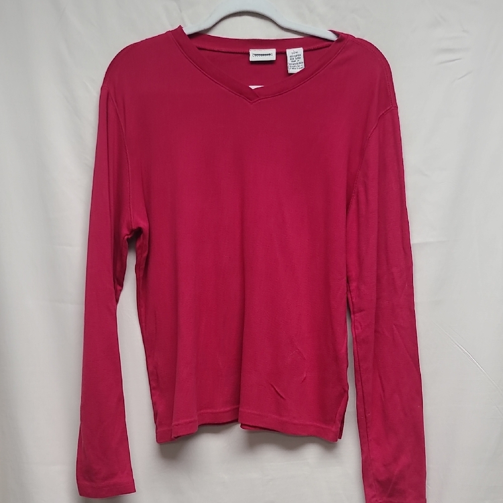 VTG Crossroads Magenta V-Neck Long Sleeve Tee - 100% Cotton - Size L (14/16)